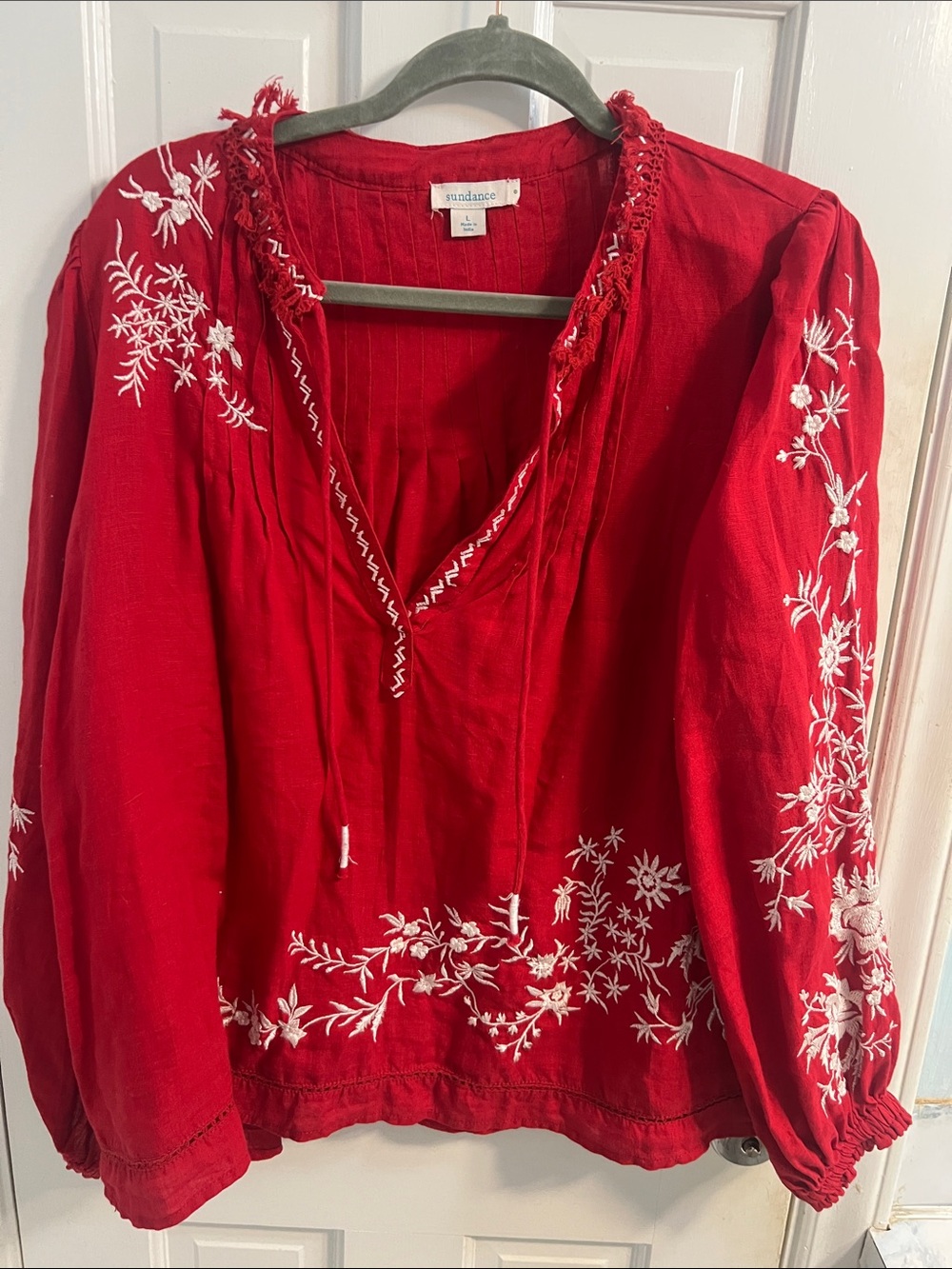 Sundance Red Boho Embroidered Peasant Top